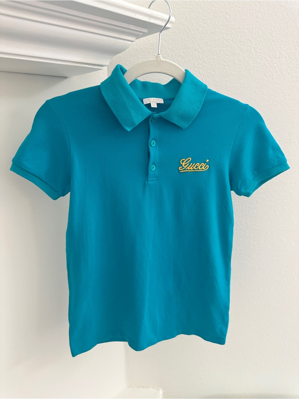 GUCCI 🦋 Kids Turquoise Polo with Yellow Script Logo - Picture 2 of 8